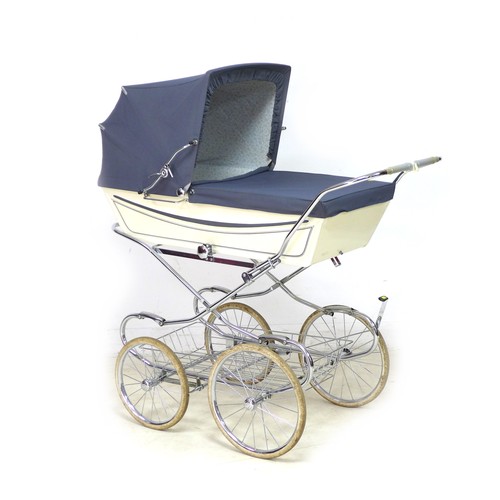 64 - A vintage Marmet coach built pram, with blue hood/apron and attachable sun canopy, blue floral inter... 