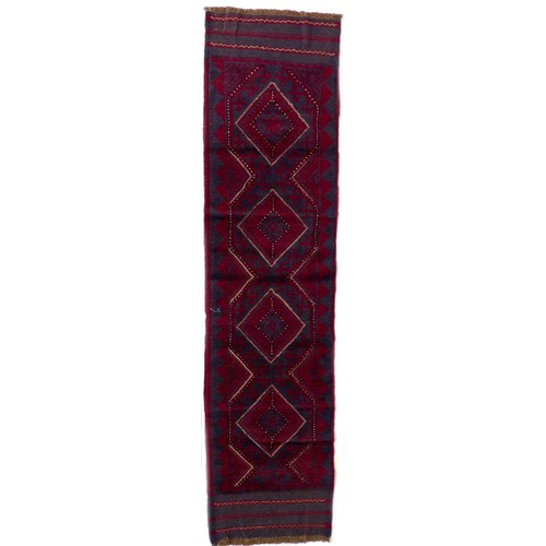 161 - A Meshwani runner, red ground with four central diamonds and flat weave ends, 226 by 57 cm.