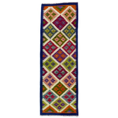 146 - A Chobi Kilim runner, decorated with diamond pattern with six and a half diamonds through centre, ea... 