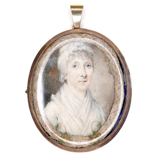 104 - A large early 19th century gold framed portrait miniature, depicting a lady in a white dress and bon... 