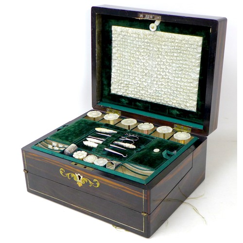 106 - A 19th century coromandel and brass bound travel case, inlaid with mother of pearl, engraved 'I. W. ... 