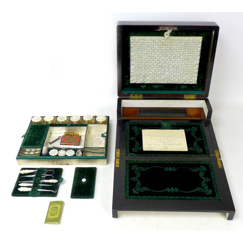 106 - A 19th century coromandel and brass bound travel case, inlaid with mother of pearl, engraved 'I. W. ... 