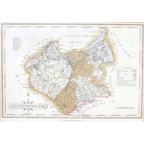 114 - Two 18th century maps, an 18th century engraving, ‘Leicestershire’, framed together with an 18th cen... 