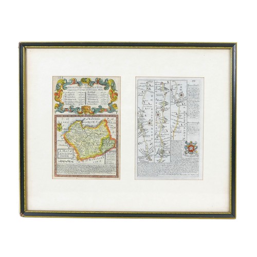 114 - Two 18th century maps, an 18th century engraving, ‘Leicestershire’, framed together with an 18th cen... 