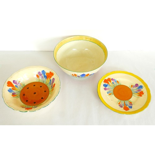 38 - A group of three pieces of Clarice Cliff pottery,  Bizarre 'Crocus' pattern, comprising a bowl, 22 b... 