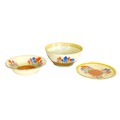 A group of three pieces of Clarice Cliff pottery,  Bizarre 'Crocus' pattern, comprising a bowl, 22 b... 