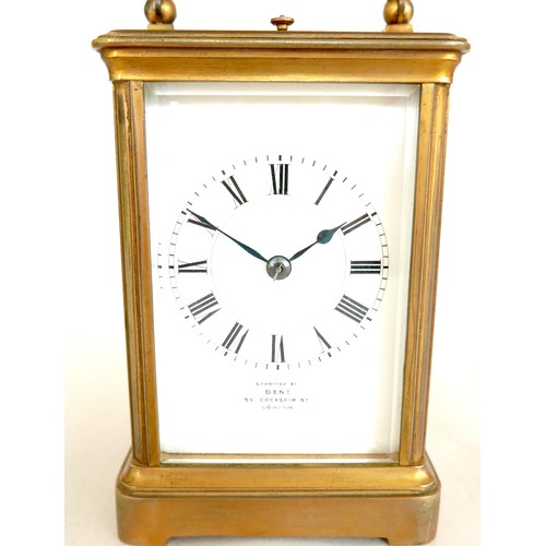 96 - A French 19th century repeating brass carriage clock, retailed by Dent, London, with white enamel di... 