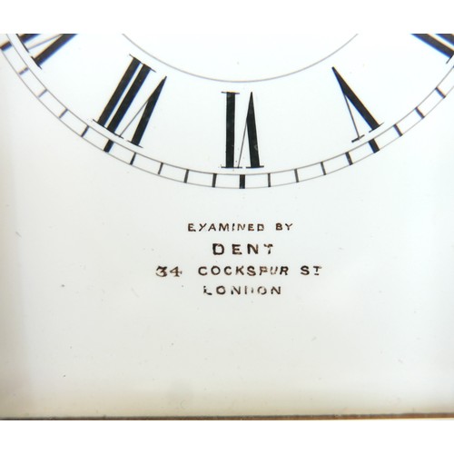 96 - A French 19th century repeating brass carriage clock, retailed by Dent, London, with white enamel di... 