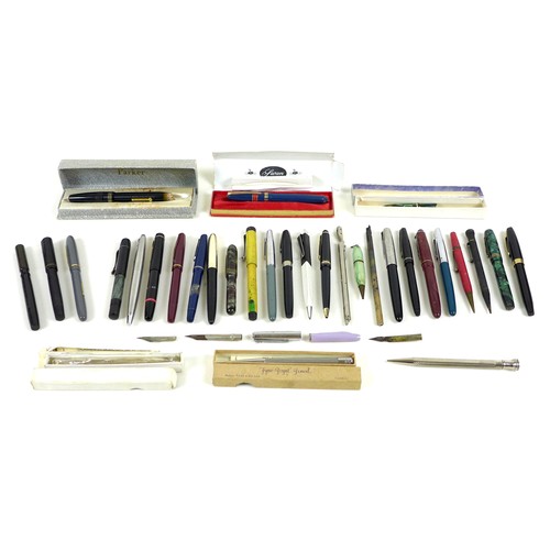 50 - A collection of fountain pens and propelling pencils, mostly damaged, including four fountain pens w... 