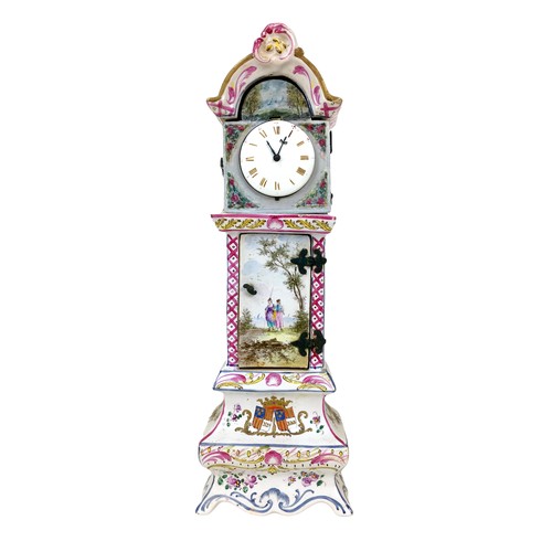 42 - A 19th century continental porcelain long case clock, with verge fusee pocket watch movement, fleur ... 