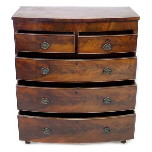 187 - A Regency mahogany bow front chest, of two short over three long drawers, raised on bracket feet, 10... 