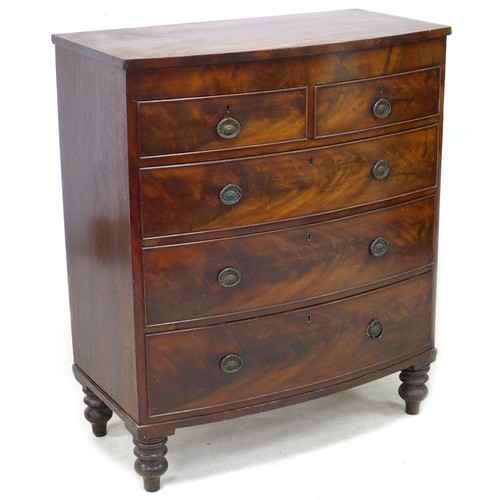 187 - A Regency mahogany bow front chest, of two short over three long drawers, raised on bracket feet, 10... 