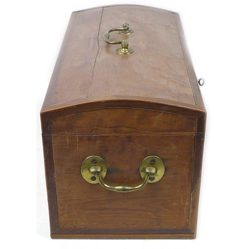 61 - An early 19th century mahogany table top chest, the gently domed hinged lid with brass swan neck han... 