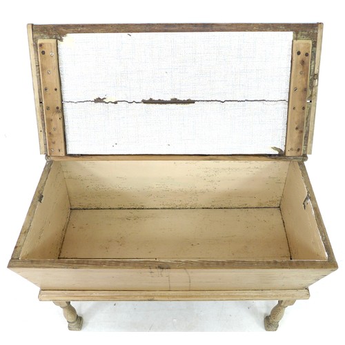 183 - A small 18th century pine dough bin, with brass carry handles, and on a later stand with turned legs... 