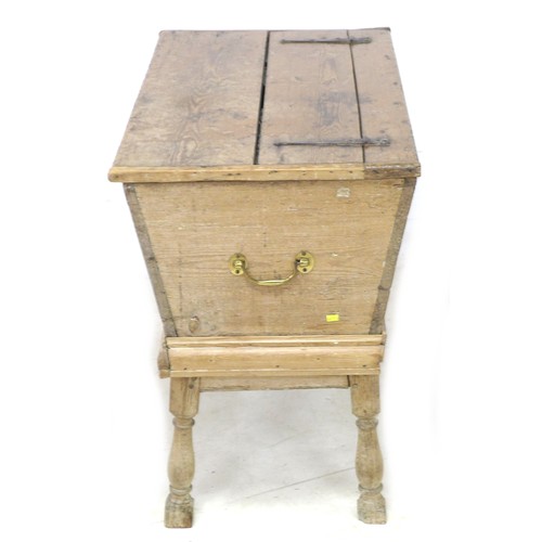 183 - A small 18th century pine dough bin, with brass carry handles, and on a later stand with turned legs... 