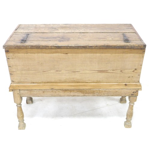 183 - A small 18th century pine dough bin, with brass carry handles, and on a later stand with turned legs... 