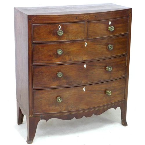 181 - A George IV mahogany and inlaid chest, of two short over three long drawers, raised on bracket feet,... 