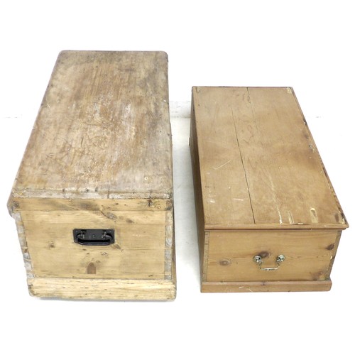 144 - A Victorian pine blanket chest, with metal carry handles, together with another 20th century pine bl... 