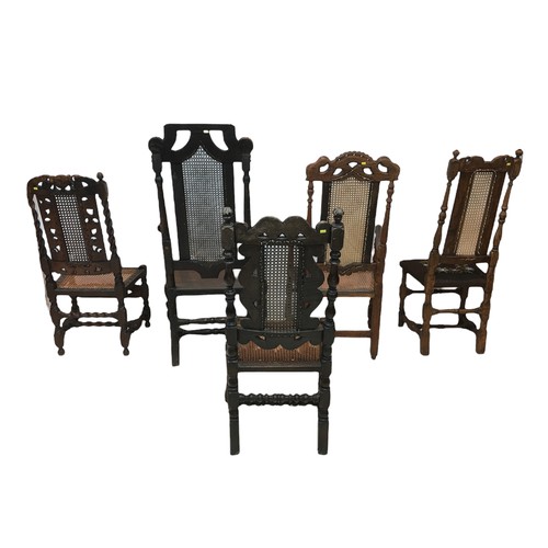 195 - A collection of five dining and side chairs, including an 18th century oak open arm chair with carve... 