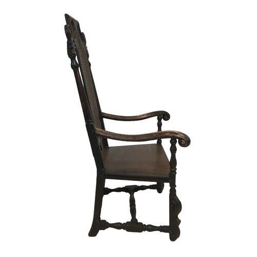 195 - A collection of five dining and side chairs, including an 18th century oak open arm chair with carve... 