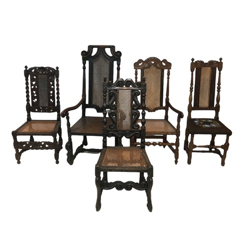 195 - A collection of five dining and side chairs, including an 18th century oak open arm chair with carve... 