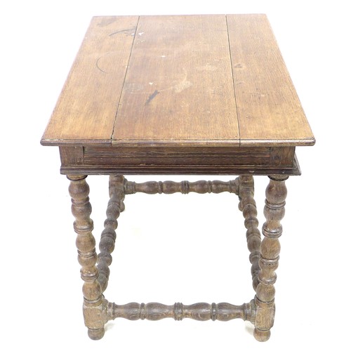 191 - A 17th century oak side table, rectangular surface, single frieze drawer, raised on turned supports ... 