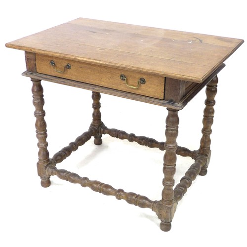 191 - A 17th century oak side table, rectangular surface, single frieze drawer, raised on turned supports ... 