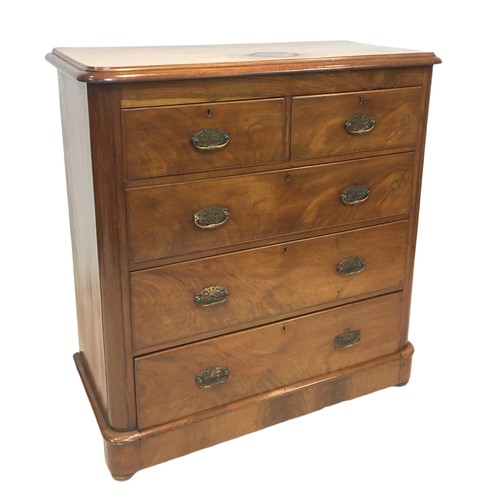 155 - A Victorian walnut chest of two over three drawers, raised upon a pedestal base, 107 by 50 by 113cm.