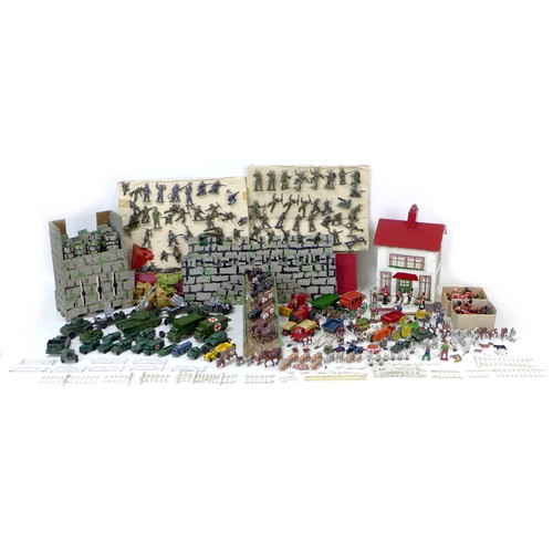 57 - A large collection of vintage toys, including diecast metal farmyard animals with a scratch built fa... 