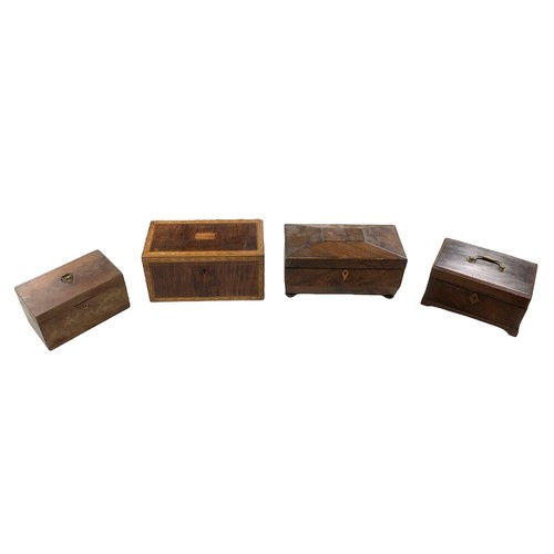 59 - A group of four 19th century tea caddies, including a mahogany sarcophagus form caddy, with two inte... 