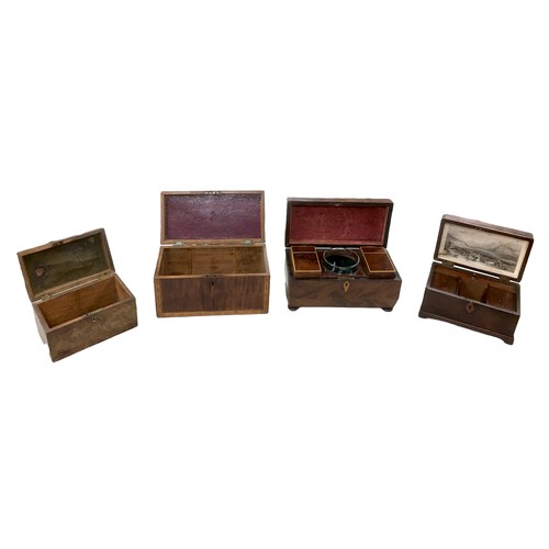 59 - A group of four 19th century tea caddies, including a mahogany sarcophagus form caddy, with two inte... 