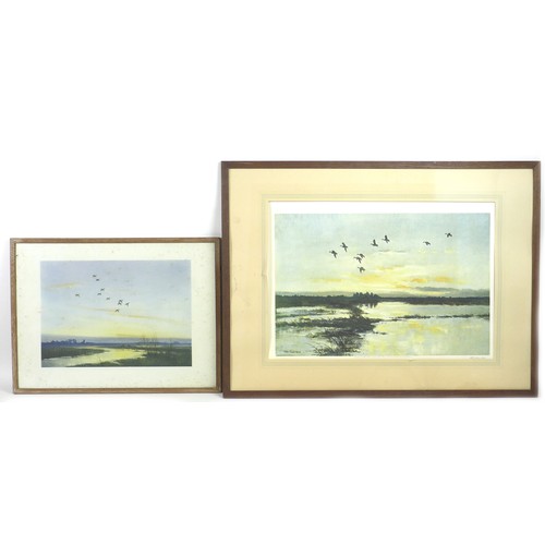 118 - After Peter Scott (British, 1909-1989): two signed prints, Geese in Flight, 35 by 53cm, mounted, gla... 