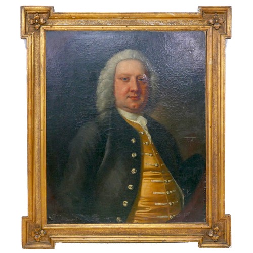 John Michael Williams (British, 1710-c.1780): ‘Dr Samuel Johnson’, a half-length Georgian portrait, wearing a white shirt and tie, black frock coat, and gold waistcoat, oil on canvas, 65 by 62cm, in a good gilt frame with outset corners centred by applied four petalled flowers, with past lot number ‘693SS’ stencilled to stretcher, and white chalk marks, an applied paper label with armorial crest above the name ‘Bond’, hand inscribed in pencil ‘Dr Samuel Johnson 1754’, and an applied gilt plaque hand inscribed in black felt pen ‘Dr Samuel Johnson by John Mich. Williams 1754’, 94 by 81.5cm.