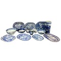 A collection of 19th century blue and white and later ceramics, including seven meat dishes, largest... 