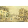 A 19th century watercolour of a village scene, depicting pub or Inn to left, 11.2 by 19.7cm, in gilt... 