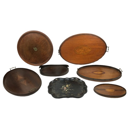 54 - Seven 19th century and later mahogany trays, including a chinoiserie papier mache tray, 42.5 by 33.5... 