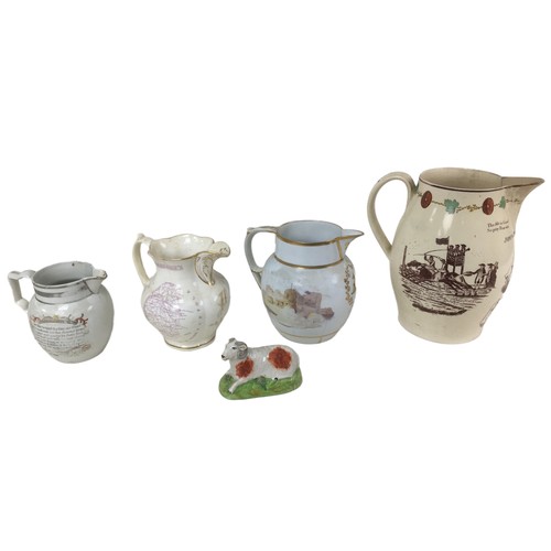 12 - Four 19th century creamware and later water jugs, including a Coalport Feltspar Norfolk jug, 17cm hi... 