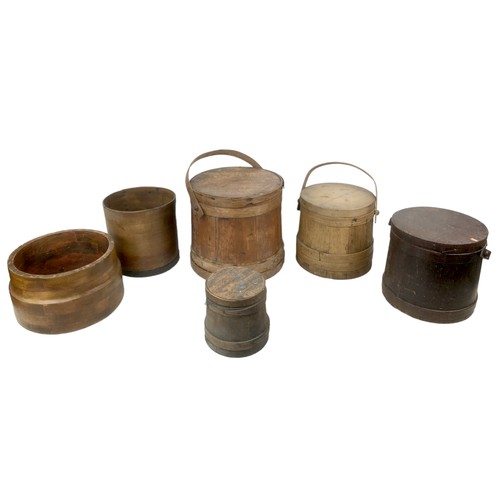 2 - A group of early 20th century Oriental bamboo rice baskets, four with lids and swivel handles, large... 