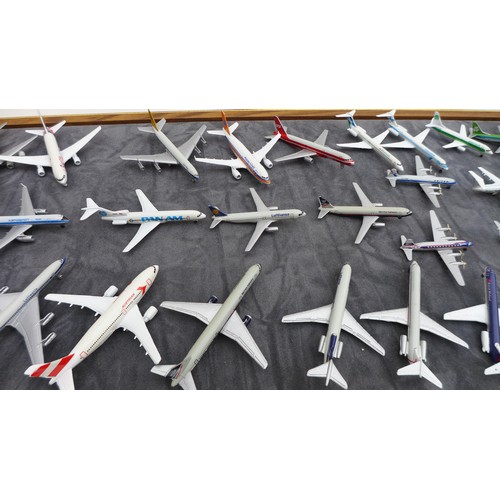 30 - A collection of die-cast Schabak model aeroplanes with glass display case, 106 by 29 by 10cm high ov... 