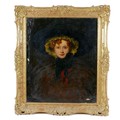 British School (mid 19th century): a half length portrait of a woman, wearing a dark wide brimmed ha... 