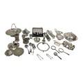 A group of silver plated wares, including fruit baskets, cruet sets, flatware, and trays. (1 box)