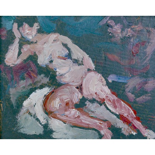 134 - Gabor Miklossy (Romanian, 1912-1988): two oil on board studies of female reclining nudes, one depict... 