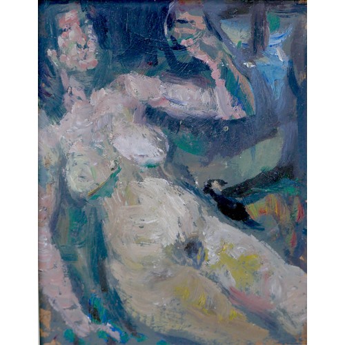 134 - Gabor Miklossy (Romanian, 1912-1988): two oil on board studies of female reclining nudes, one depict... 