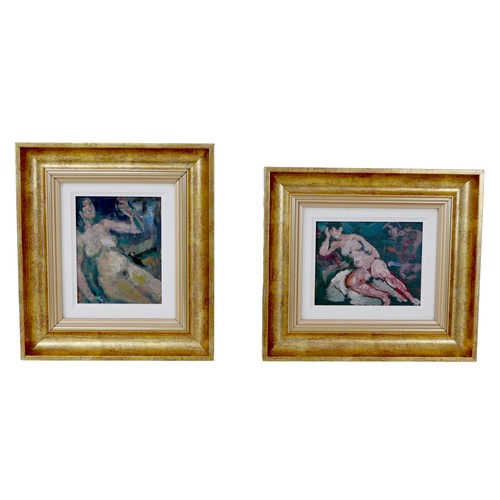 134 - Gabor Miklossy (Romanian, 1912-1988): two oil on board studies of female reclining nudes, one depict... 