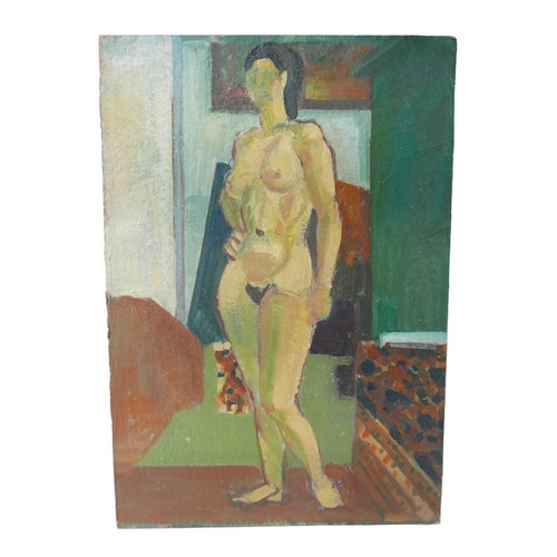 125 - Gabor Miklossy (Romanian, 1912-1988): Two oil board female nude studies, a standing nude with still ... 