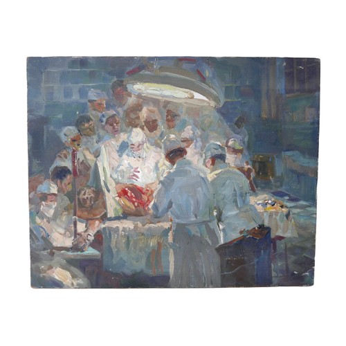 120 - Gabor Miklossy (Romanian, 1912-1988): a 20th century medical operation scene, oil on board, unisigne... 