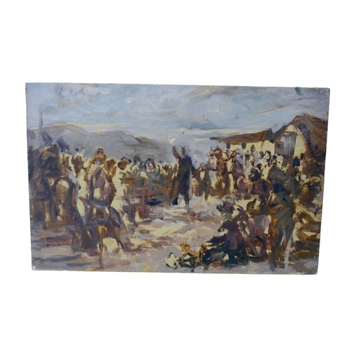 121 - Gabor Miklossy (Romanian, 1912-1988): two oil on board studies of different crowd scenes, comprising... 