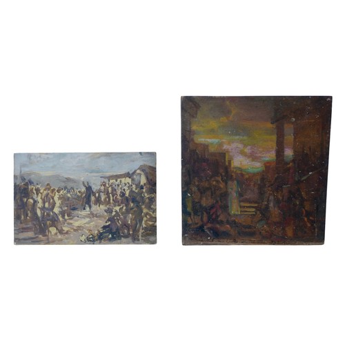 121 - Gabor Miklossy (Romanian, 1912-1988): two oil on board studies of different crowd scenes, comprising... 