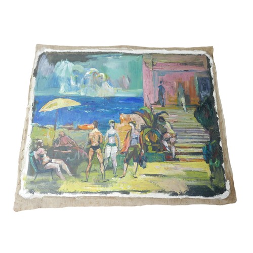 131 - Gabor Miklossy (Romanian, 1912-1988):  Bathers and seaside scene, oil on canvas, signed and with art... 