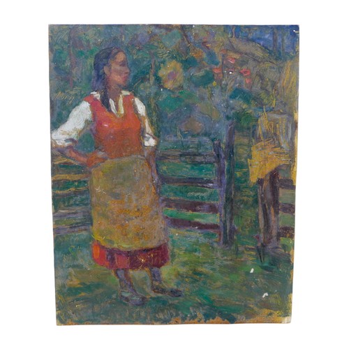 127 - Gabor Miklossy (Romanian, 1912-1988): a study of a female lady in a country setting, oil on card, 35... 